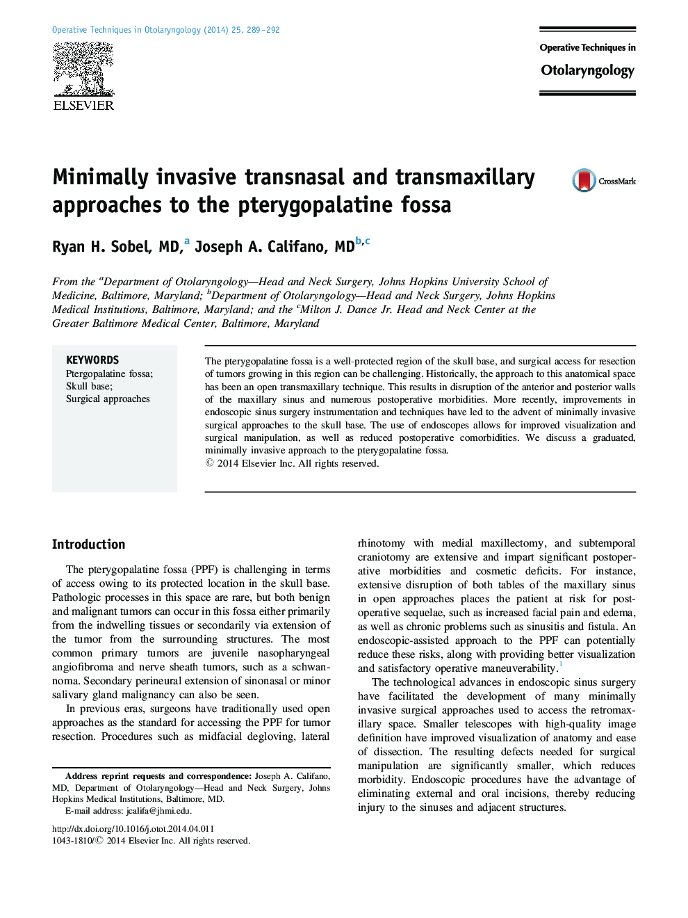 Minimally invasive transnasal and transmaxillary approaches to the pterygopalatine fossa