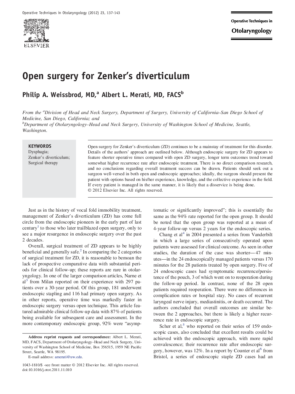 Open surgery for Zenker's diverticulum