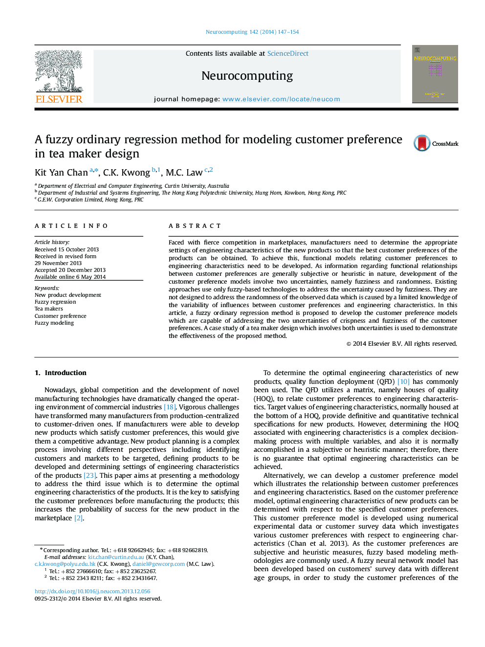 A fuzzy ordinary regression method for modeling customer preference in tea maker design