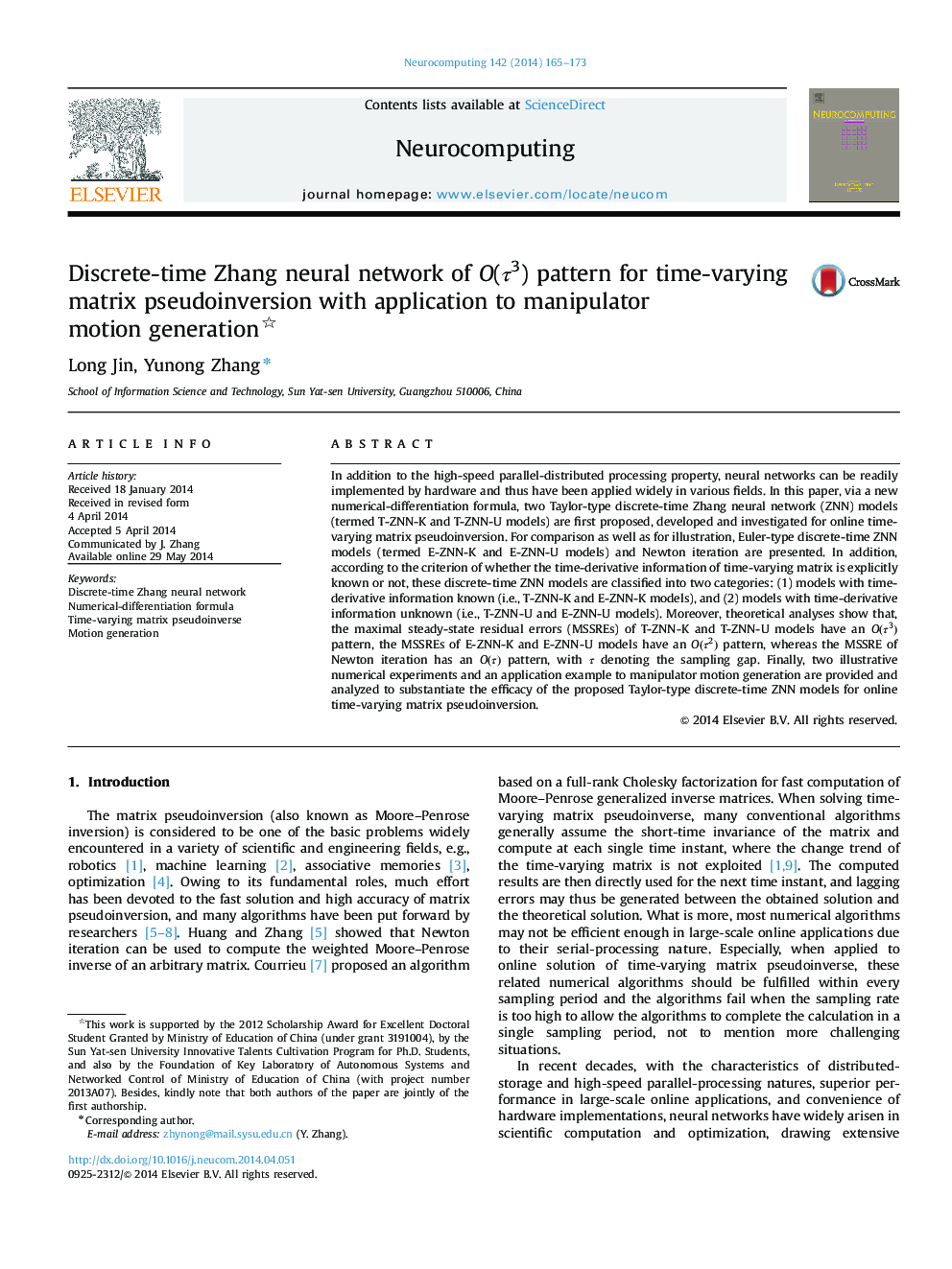 Discrete-time Zhang neural network of O(τ3) pattern for time-varying matrix pseudoinversion with application to manipulator motion generation 