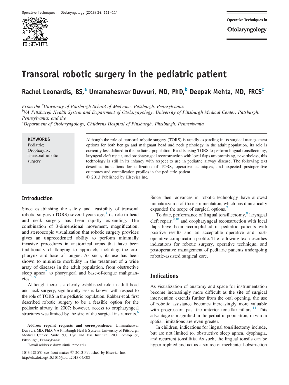 Transoral robotic surgery in the pediatric patient