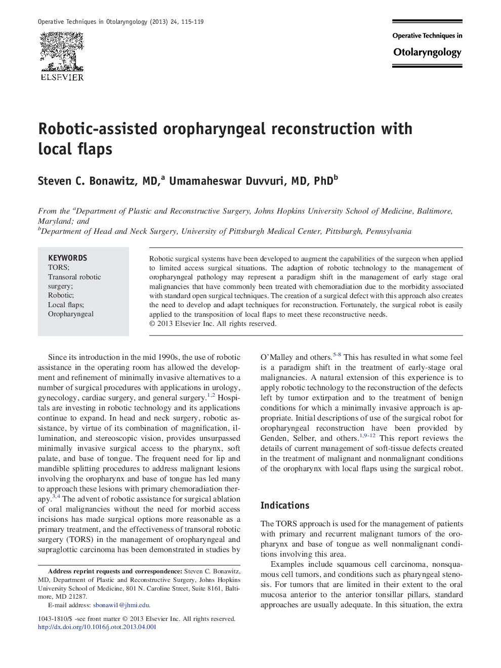 Robotic-assisted oropharyngeal reconstruction with local flaps