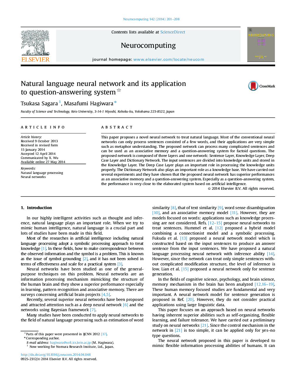 Natural language neural network and its application to question-answering system 