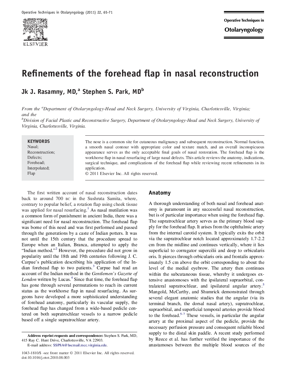 Refinements of the forehead flap in nasal reconstruction