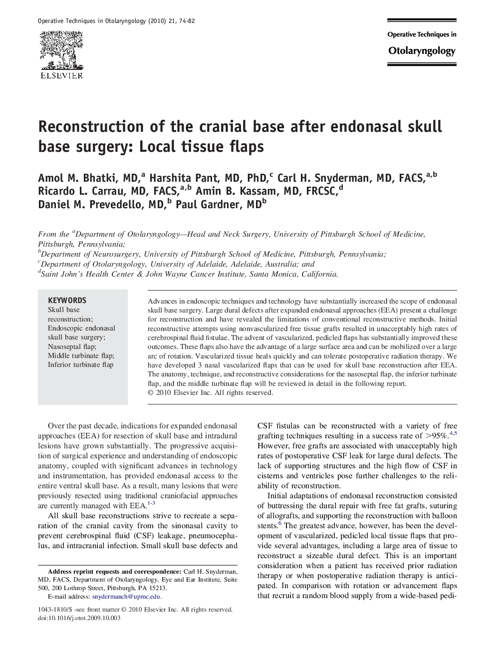 Reconstruction of the cranial base after endonasal skull base surgery: Local tissue flaps