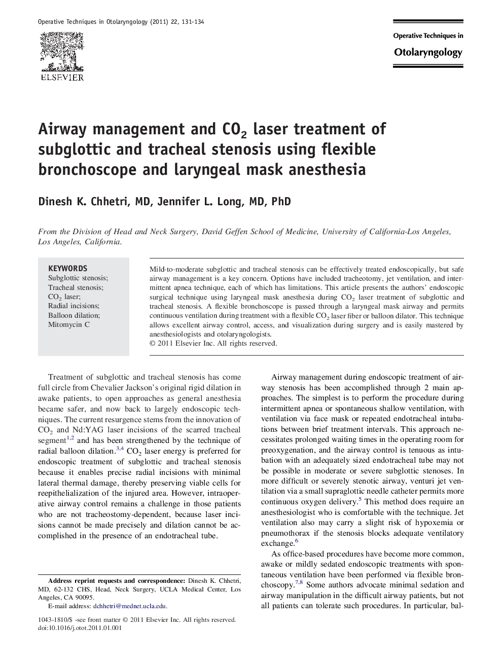 Airway management and CO2 laser treatment of subglottic and tracheal stenosis using flexible bronchoscope and laryngeal mask anesthesia