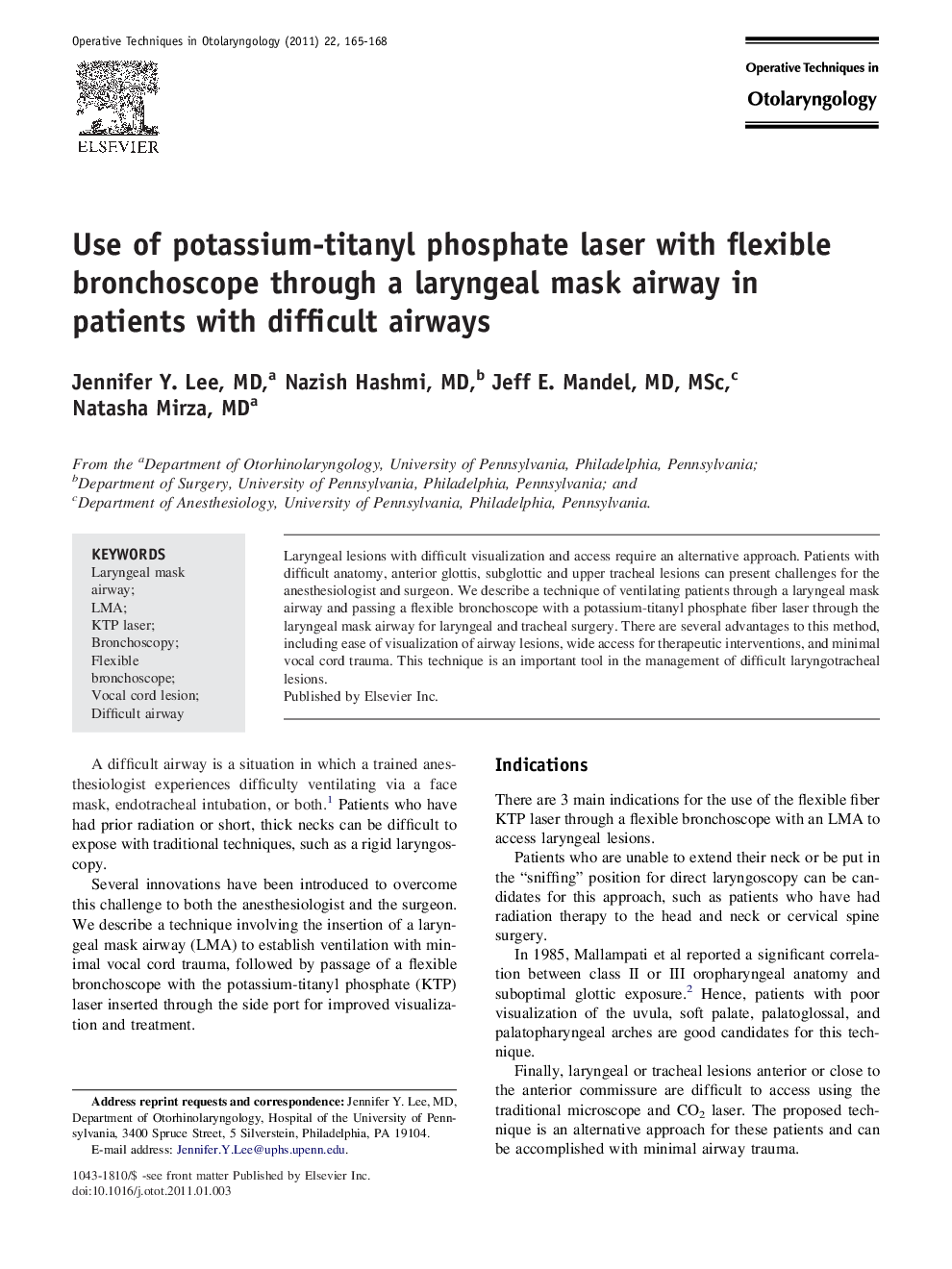 Use of potassium-titanyl phosphate laser with flexible bronchoscope through a laryngeal mask airway in patients with difficult airways