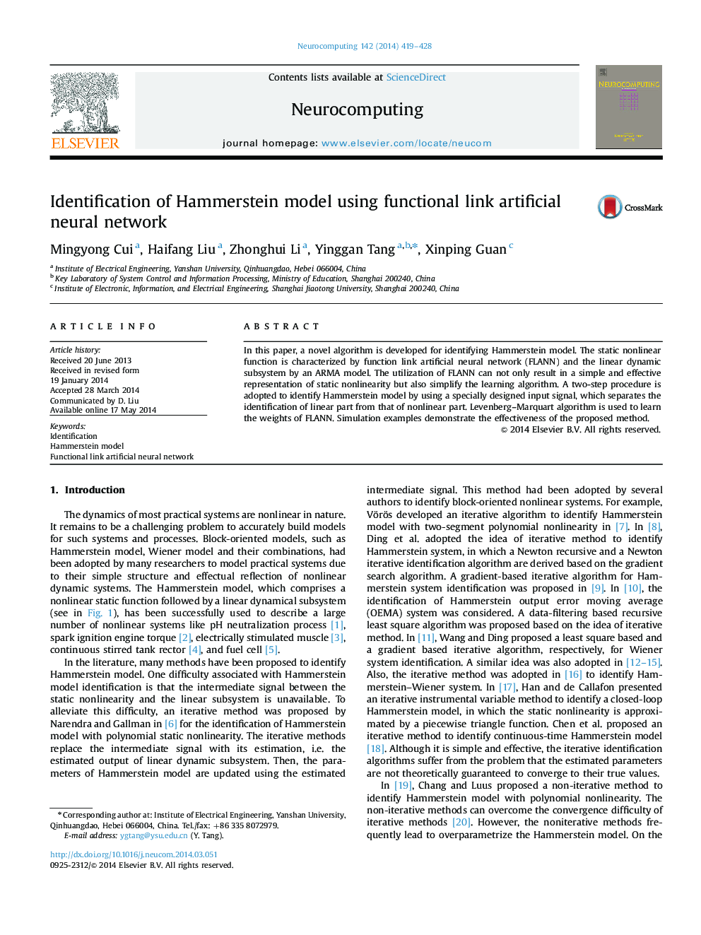 Identification of Hammerstein model using functional link artificial neural network