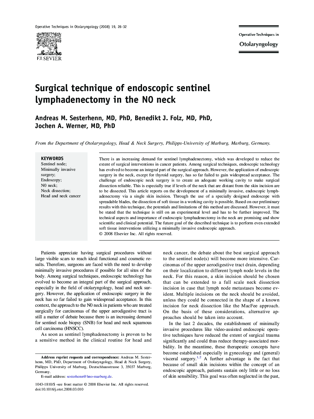 Surgical technique of endoscopic sentinel lymphadenectomy in the N0 neck