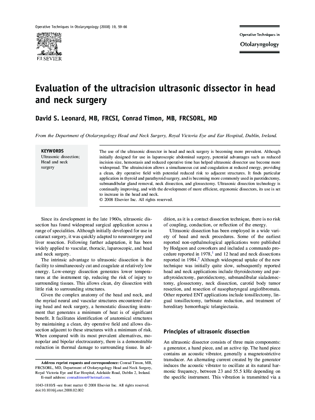 Evaluation of the ultracision ultrasonic dissector in head and neck surgery