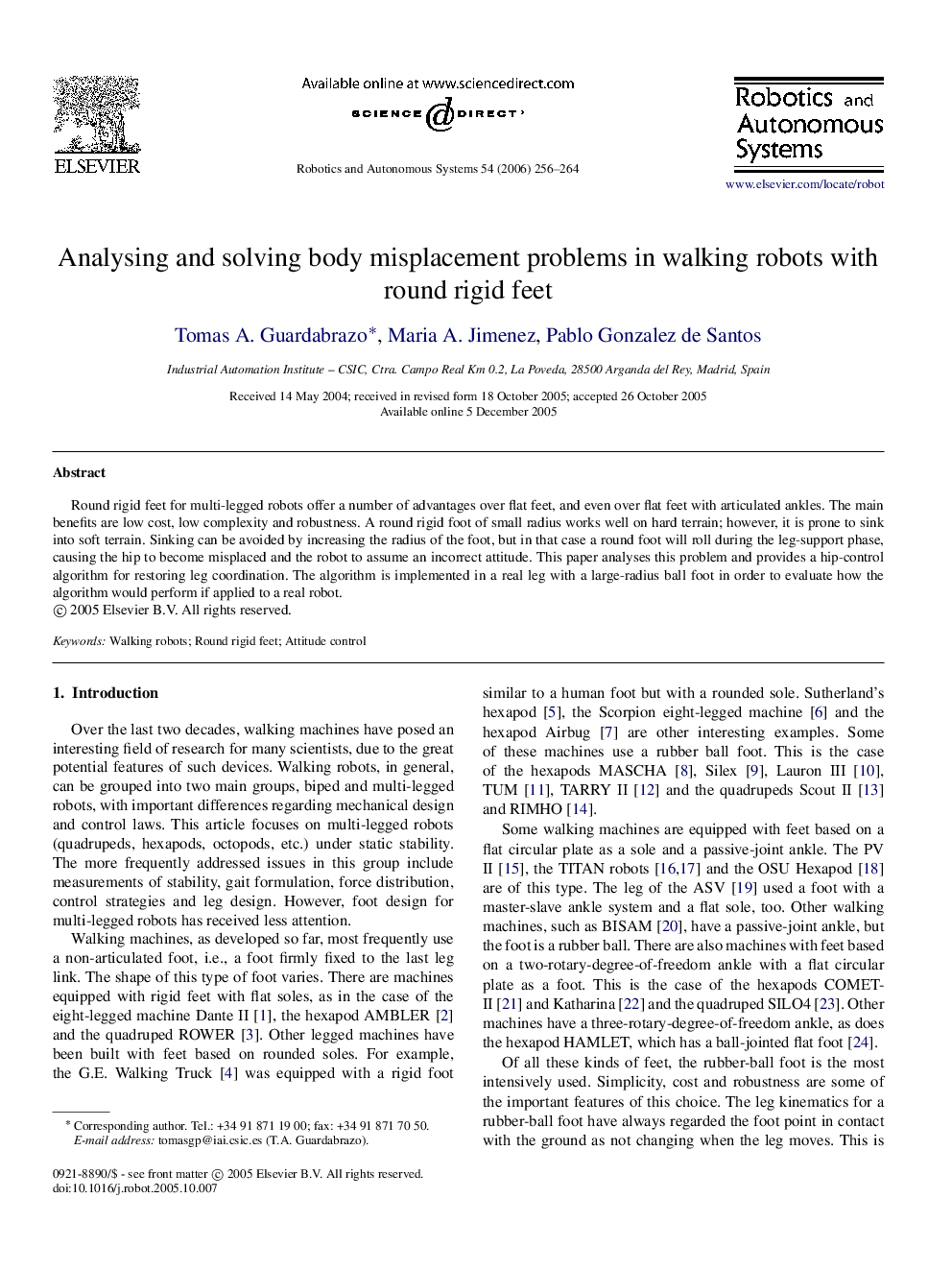 Analysing and solving body misplacement problems in walking robots with round rigid feet