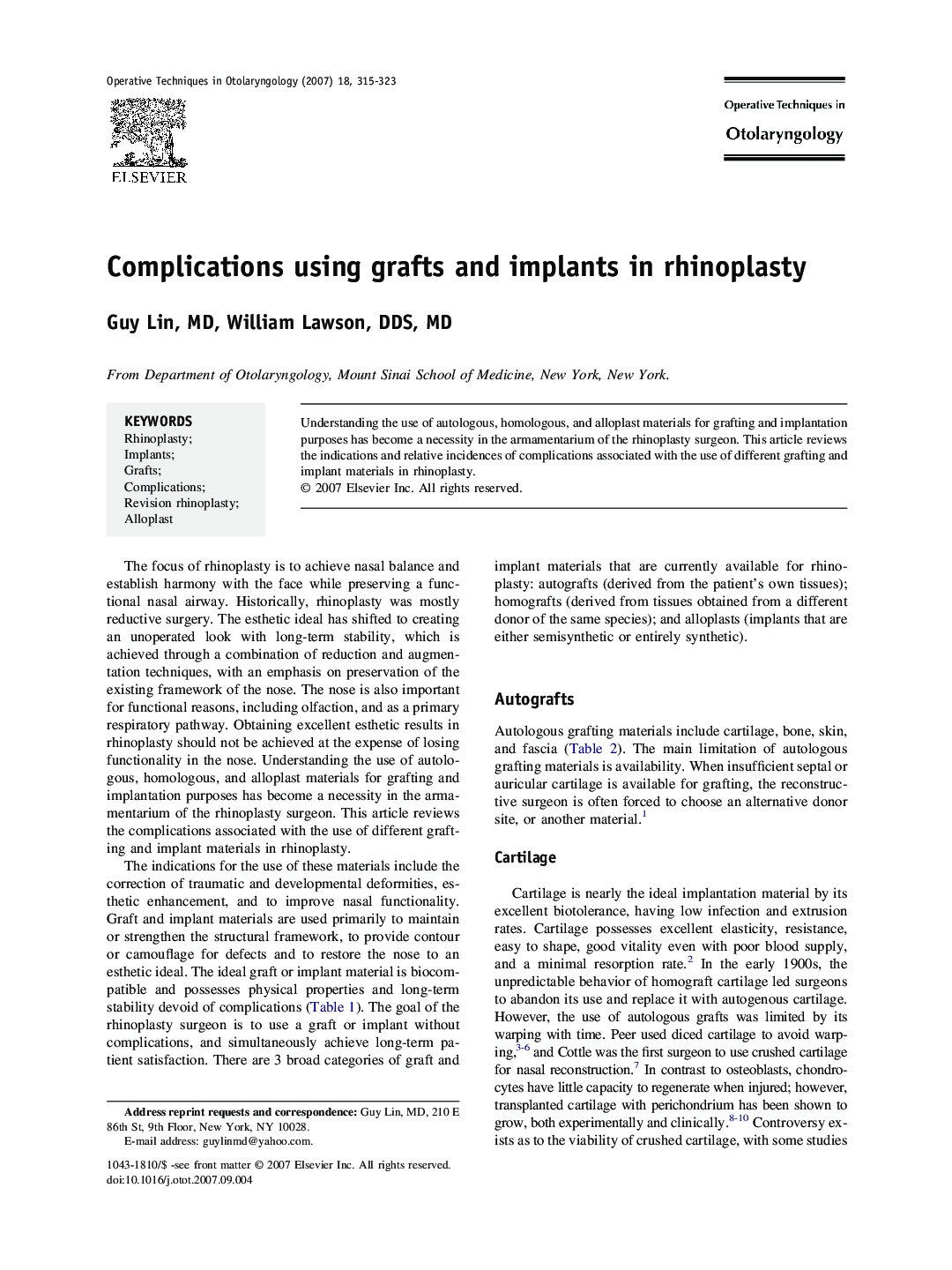 Complications using grafts and implants in rhinoplasty