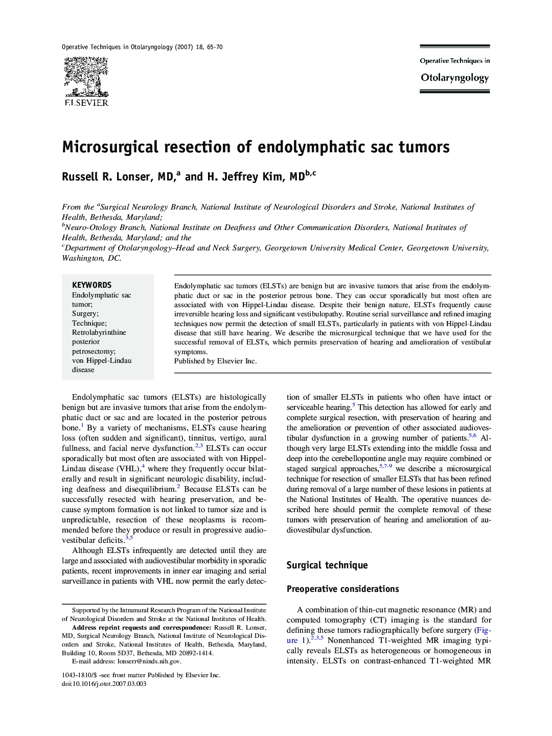 Microsurgical resection of endolymphatic sac tumors 