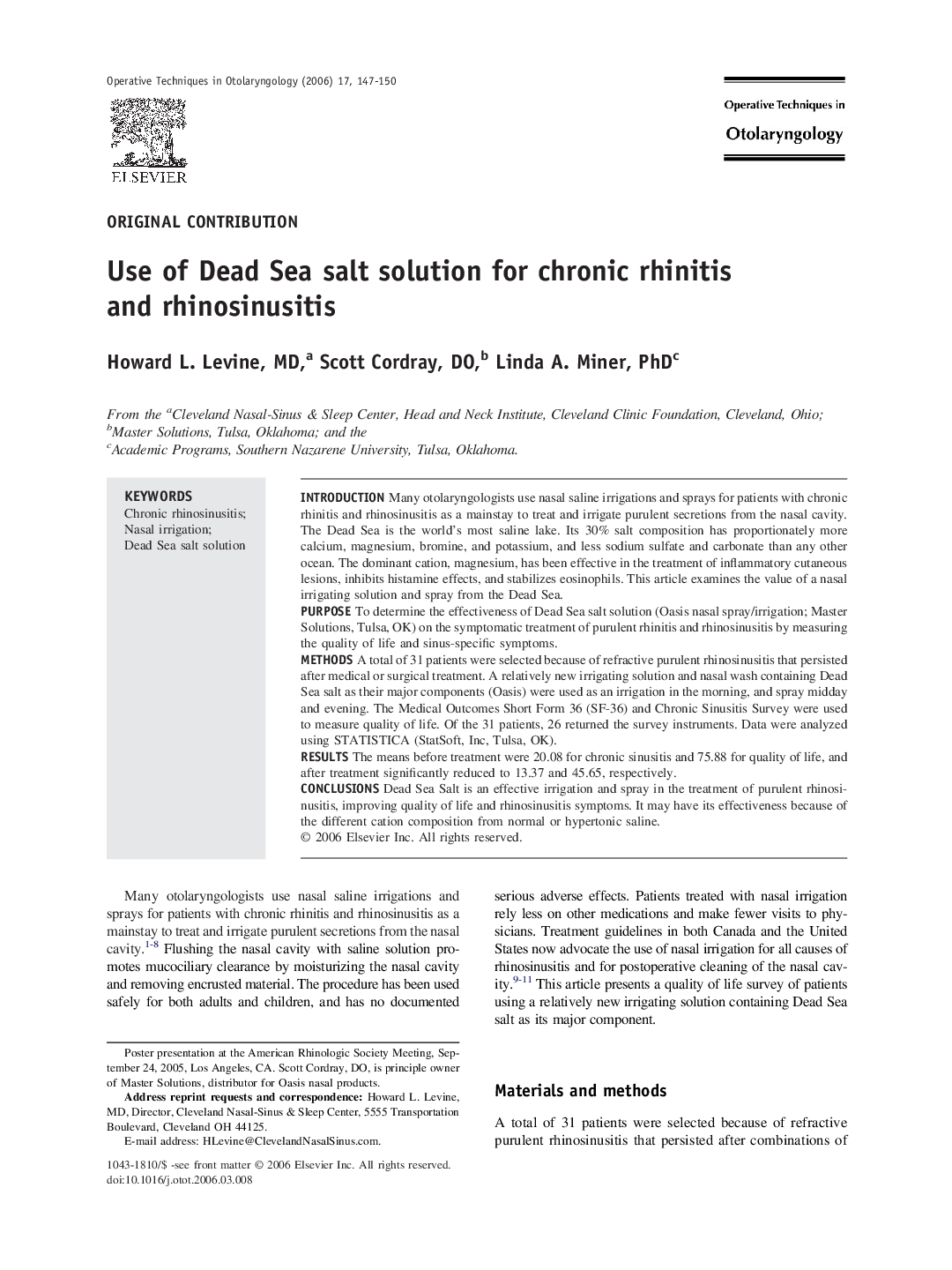 Use of Dead Sea salt solution for chronic rhinitis and rhinosinusitis 