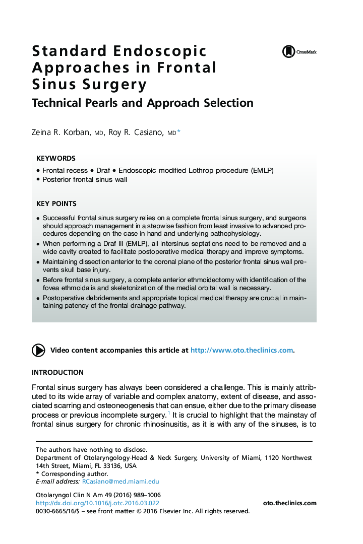 Standard Endoscopic Approaches in Frontal Sinus Surgery