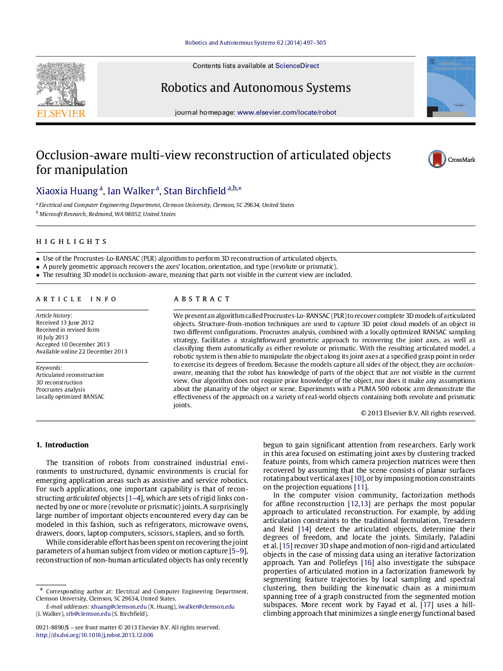 Occlusion-aware multi-view reconstruction of articulated objects for manipulation