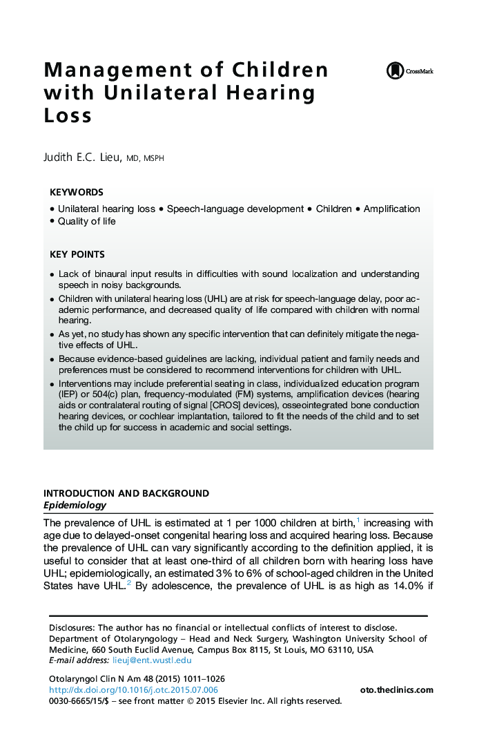 Management of Children with Unilateral Hearing Loss