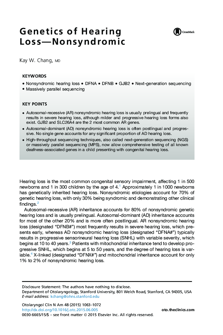 Genetics of Hearing Loss-Nonsyndromic