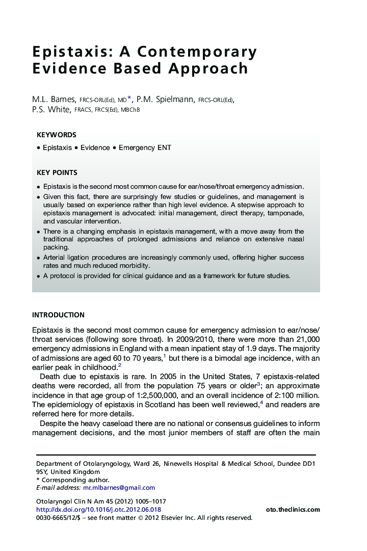 Epistaxis: A Contemporary Evidence Based Approach