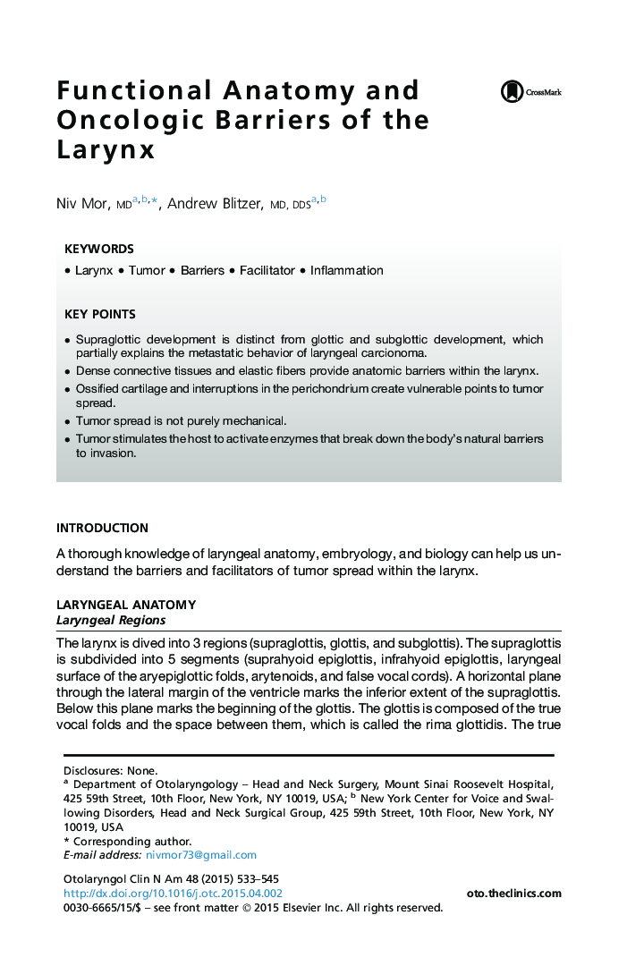 Functional Anatomy and Oncologic Barriers of the Larynx