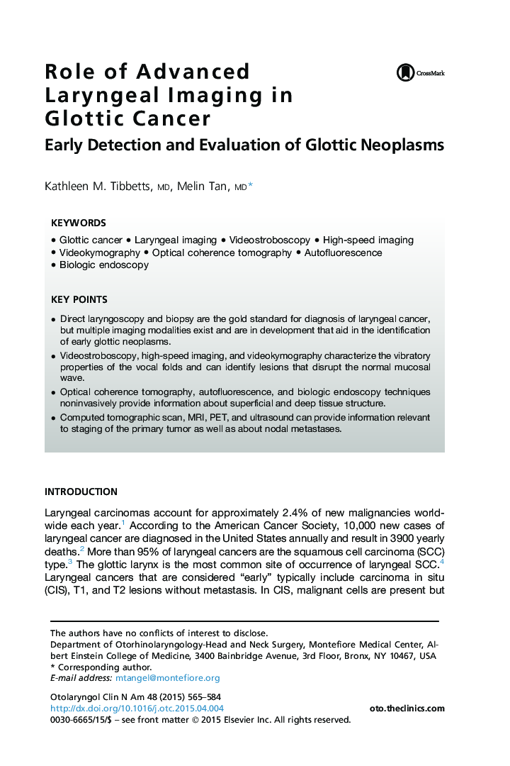 Role of Advanced Laryngeal Imaging in Glottic Cancer