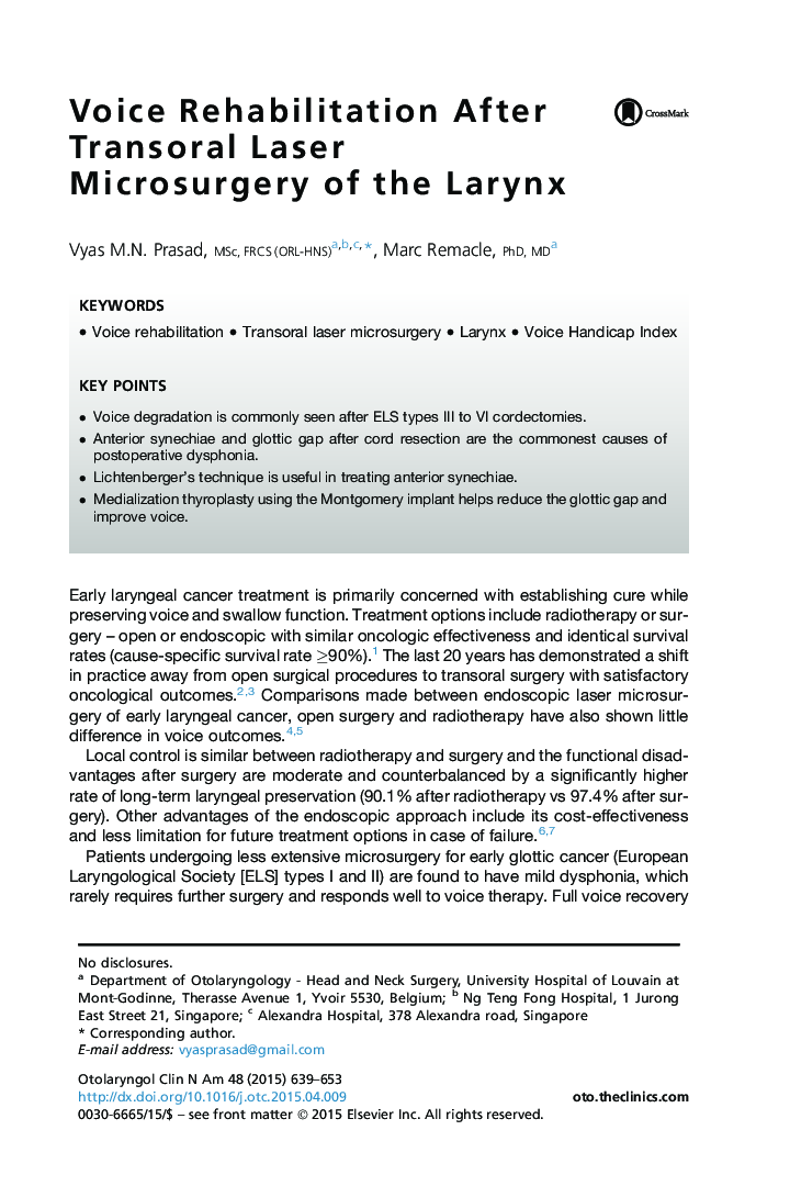 Voice Rehabilitation After Transoral Laser Microsurgery of the Larynx