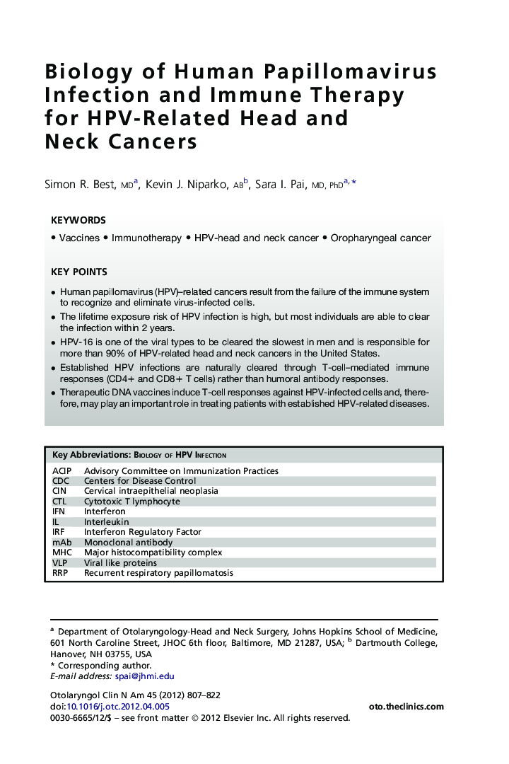 Biology of Human Papillomavirus Infection and Immune Therapy for HPV-Related Head and Neck Cancers