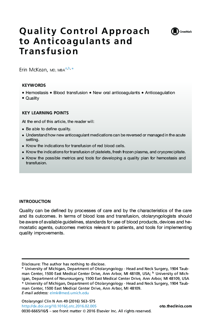 Quality Control Approach to Anticoagulants and Transfusion