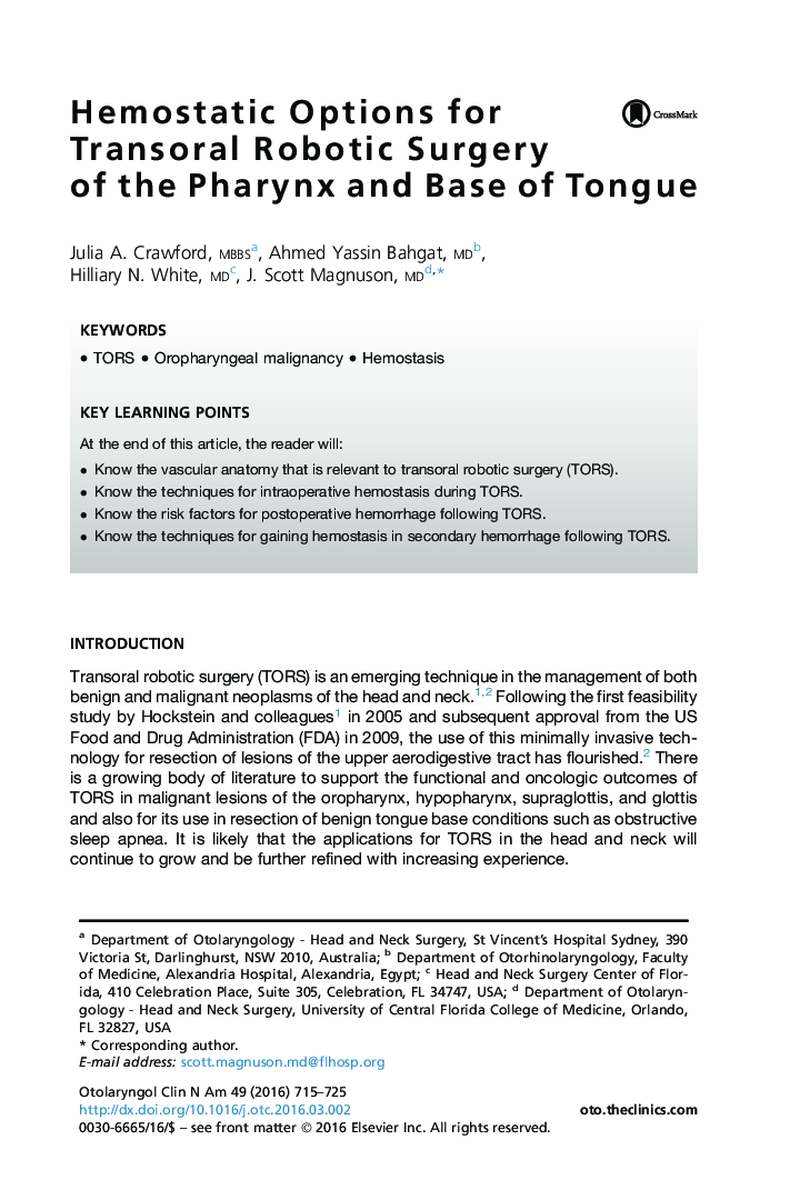 Hemostatic Options for Transoral Robotic Surgery of the Pharynx and Base of Tongue