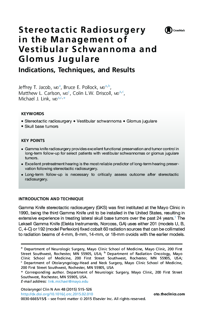 Stereotactic Radiosurgery in the Management of Vestibular Schwannoma and Glomus Jugulare