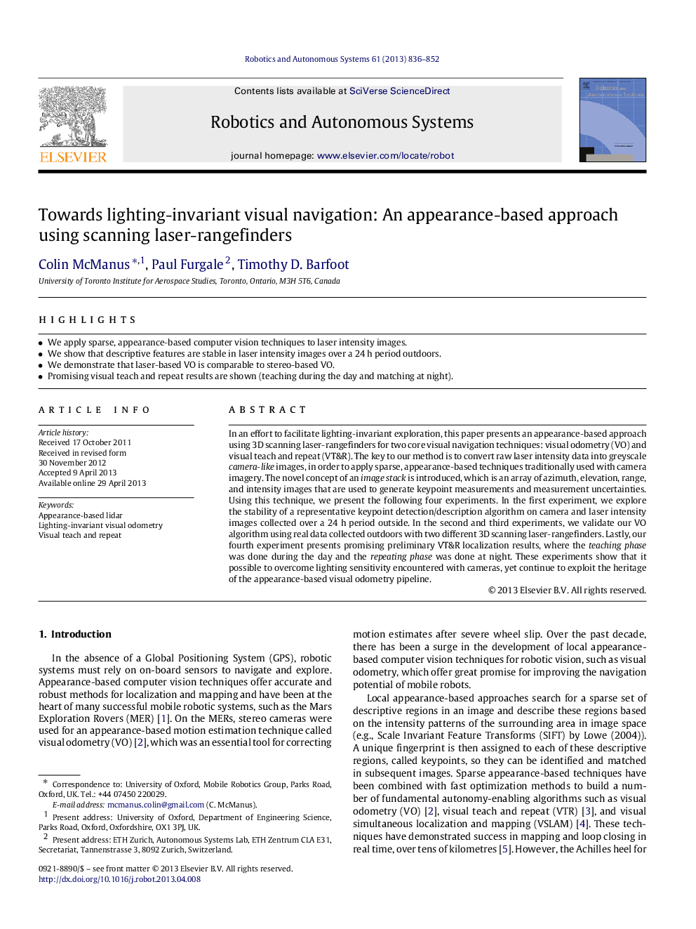 Towards lighting-invariant visual navigation: An appearance-based approach using scanning laser-rangefinders