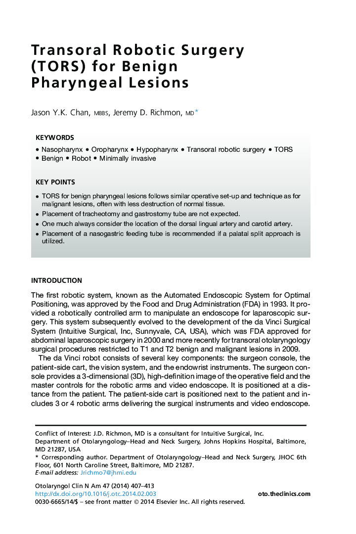 Transoral Robotic Surgery (TORS) for Benign Pharyngeal Lesions