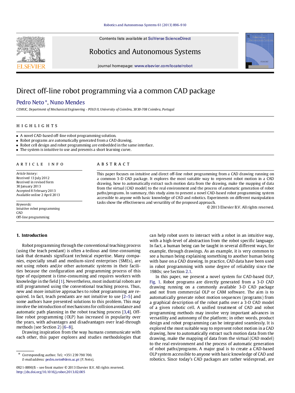 Direct off-line robot programming via a common CAD package