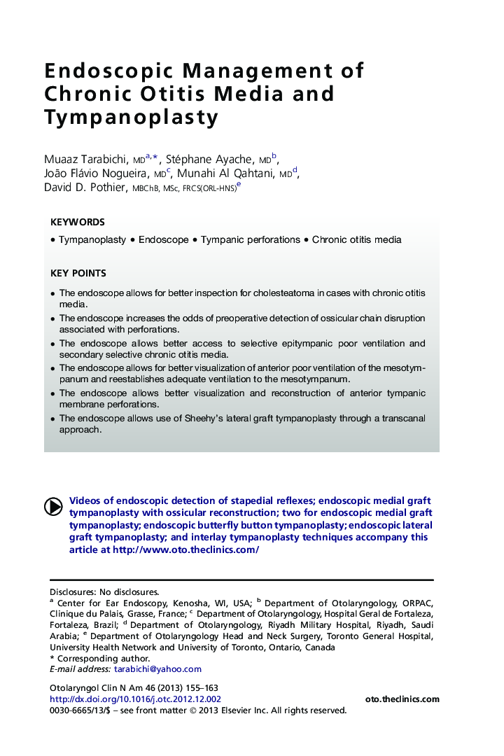 Endoscopic Management of Chronic Otitis Media and Tympanoplasty