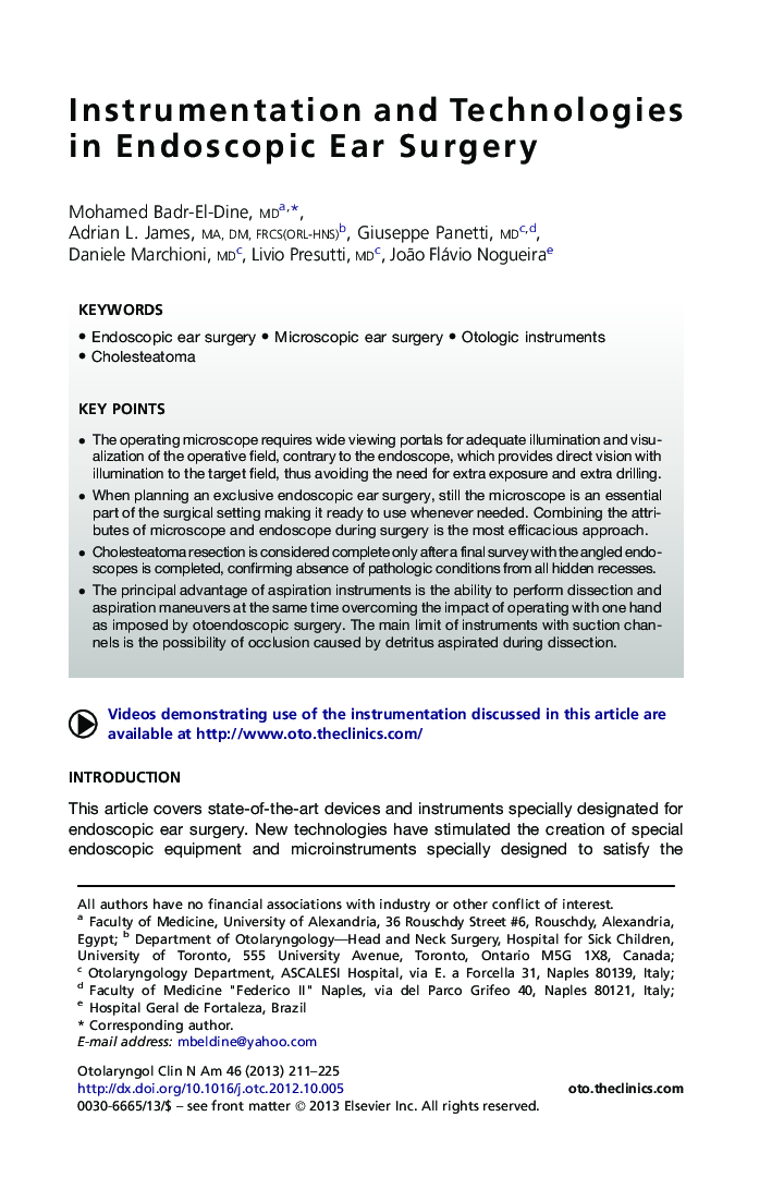 Instrumentation and Technologies in Endoscopic Ear Surgery