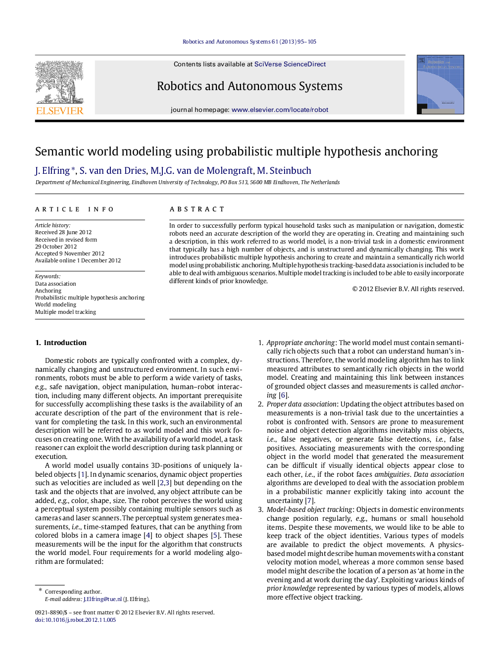 Semantic world modeling using probabilistic multiple hypothesis anchoring