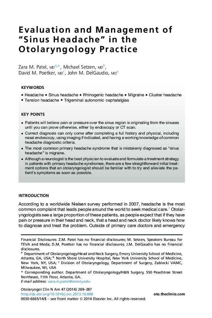 Evaluation and Management of “Sinus Headache” in the Otolaryngology Practice