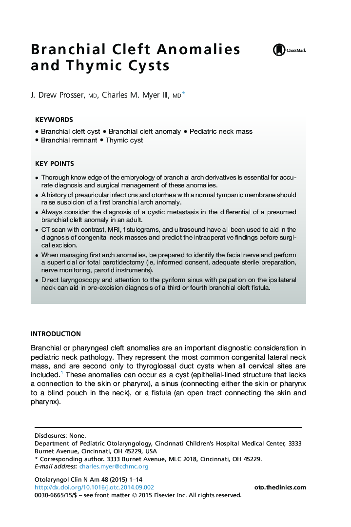 Branchial Cleft Anomalies and Thymic Cysts