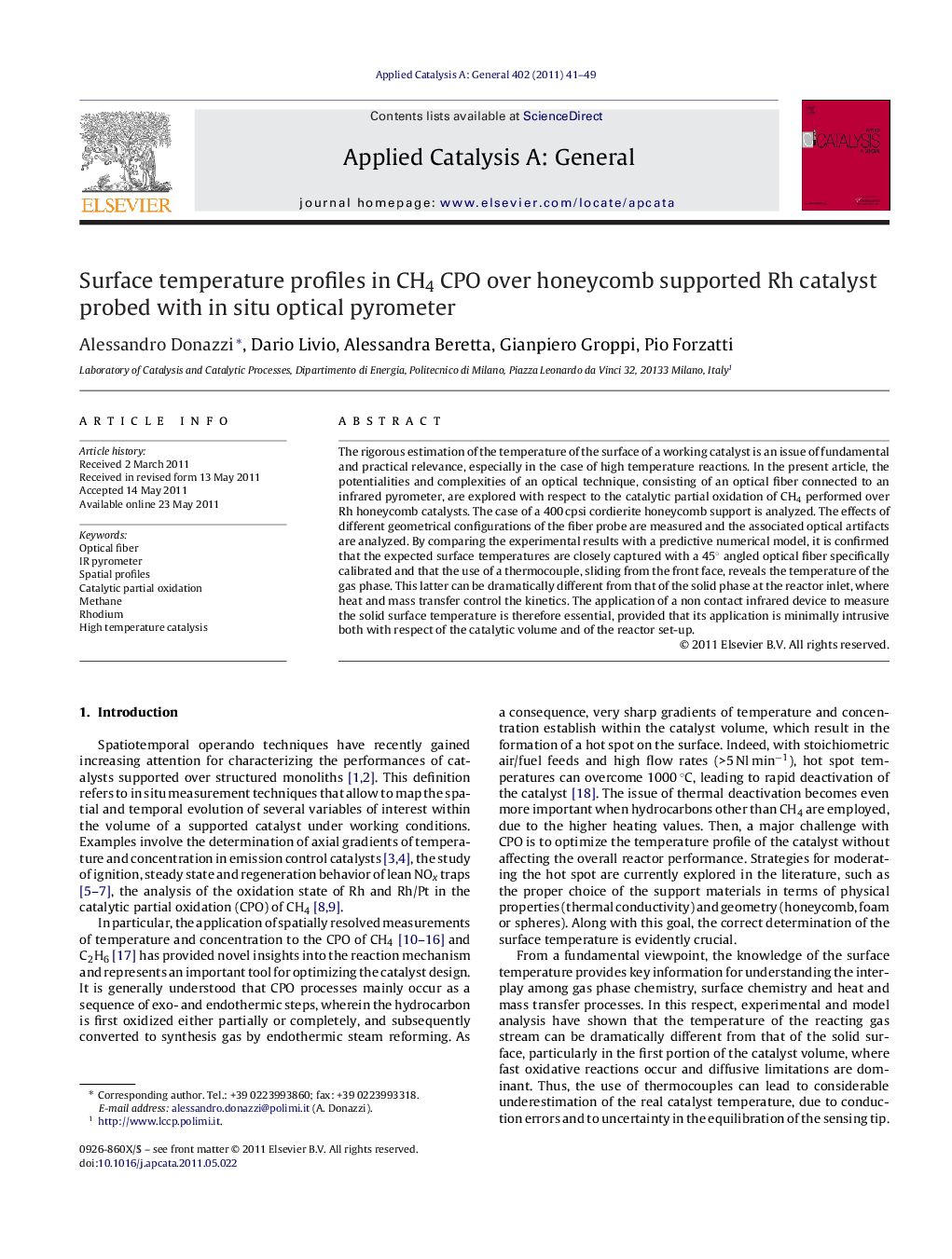 Surface temperature profiles in CH4 CPO over honeycomb supported Rh catalyst probed with in situ optical pyrometer