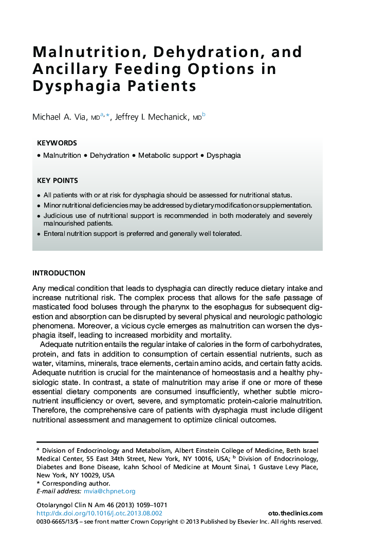 Malnutrition, Dehydration, and Ancillary Feeding Options in Dysphagia Patients