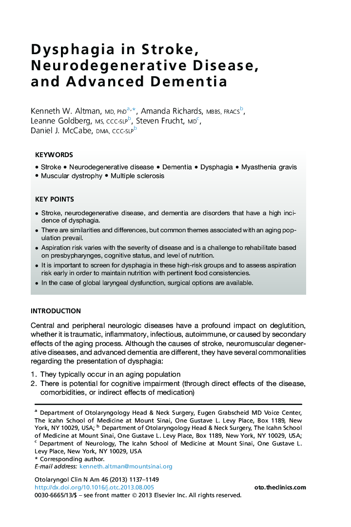 Dysphagia in Stroke, Neurodegenerative Disease, and Advanced Dementia