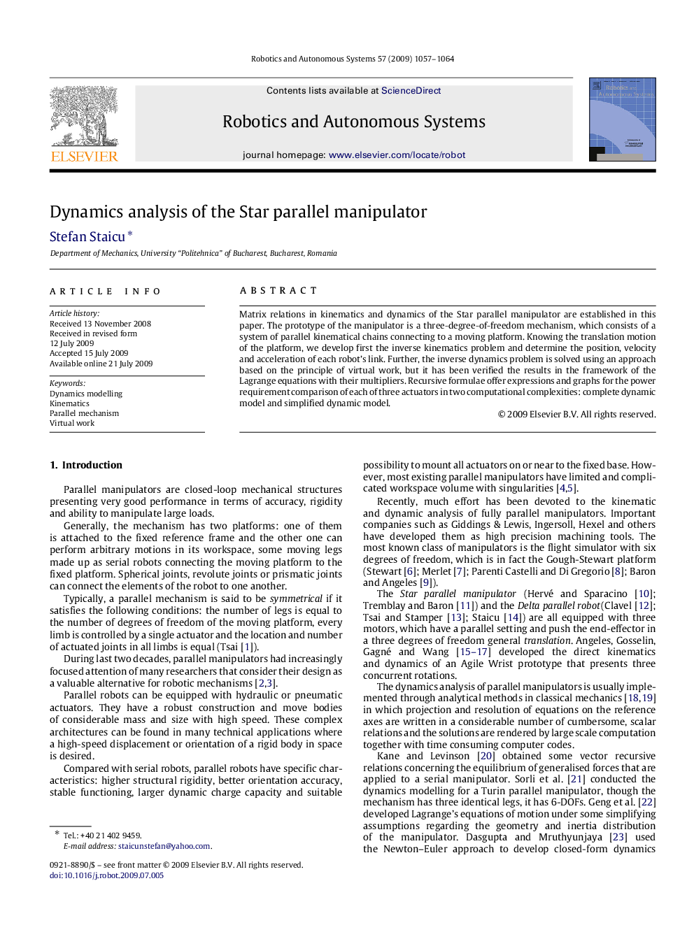 Dynamics analysis of the Star parallel manipulator