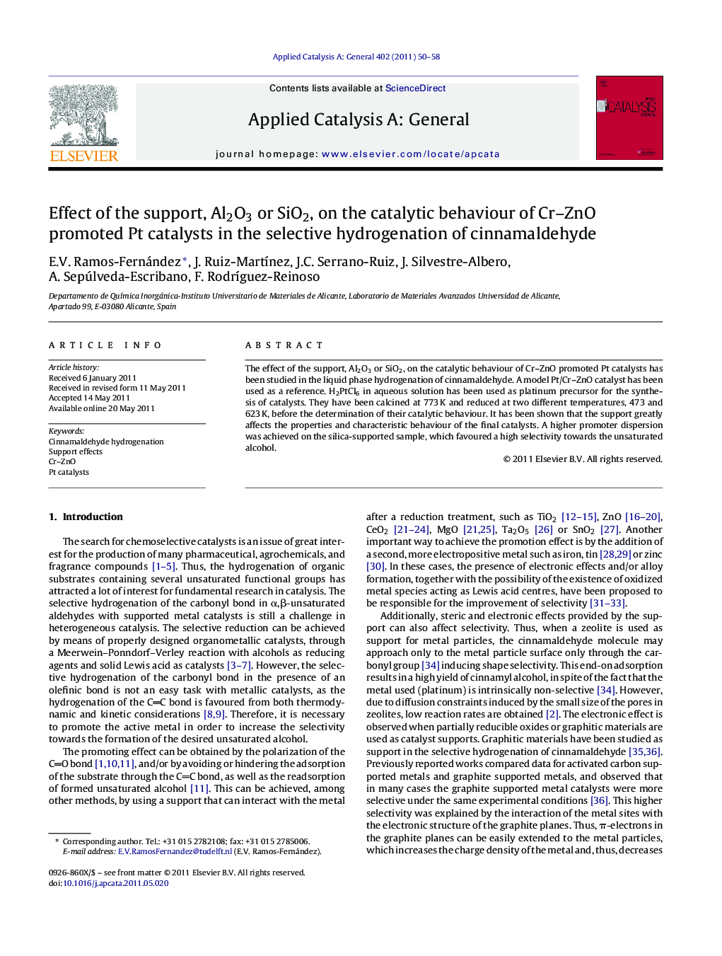 Effect of the support, Al2O3 or SiO2, on the catalytic behaviour of Cr–ZnO promoted Pt catalysts in the selective hydrogenation of cinnamaldehyde