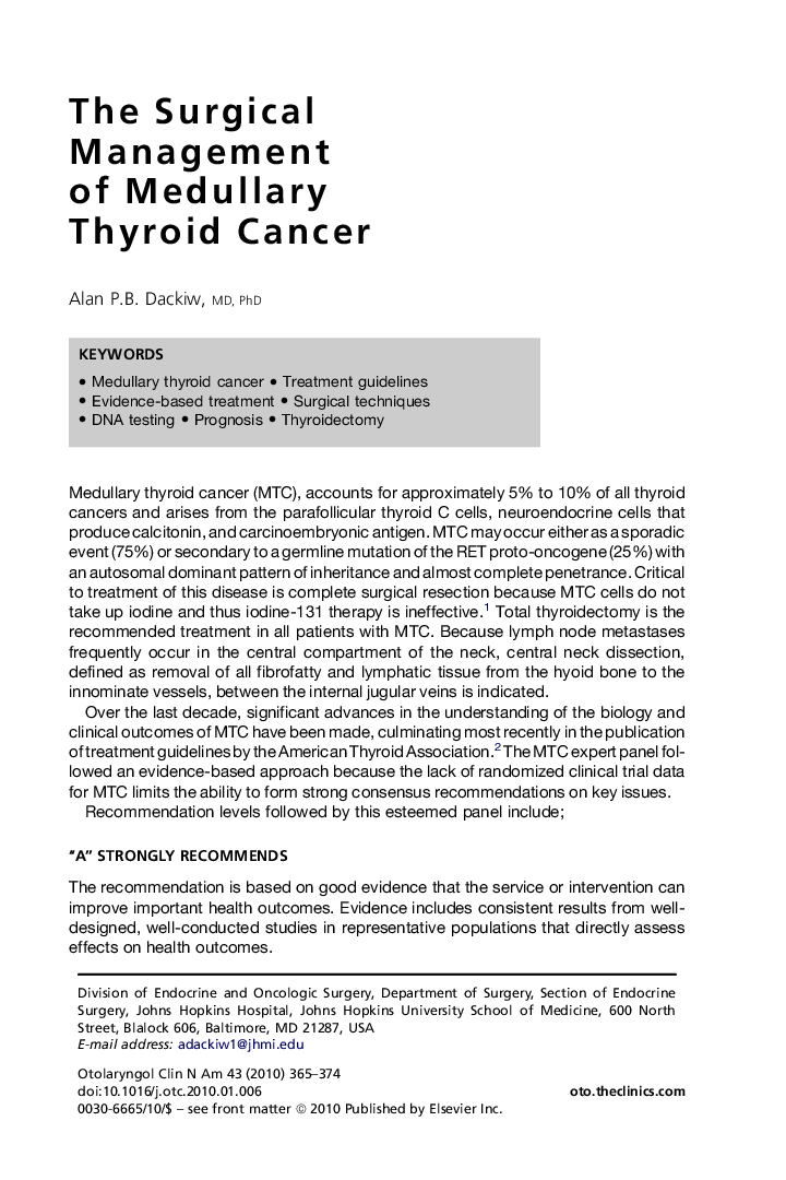 The Surgical Management of Medullary Thyroid Cancer