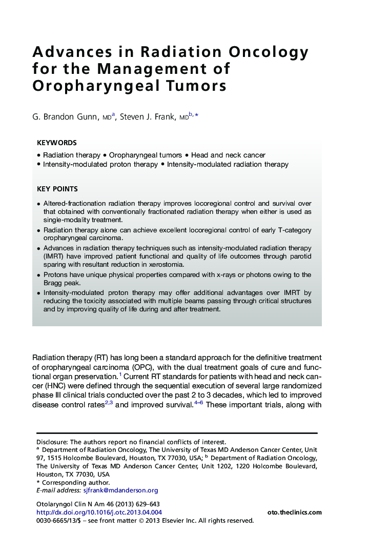 Advances in Radiation Oncology for the Management of Oropharyngeal Tumors