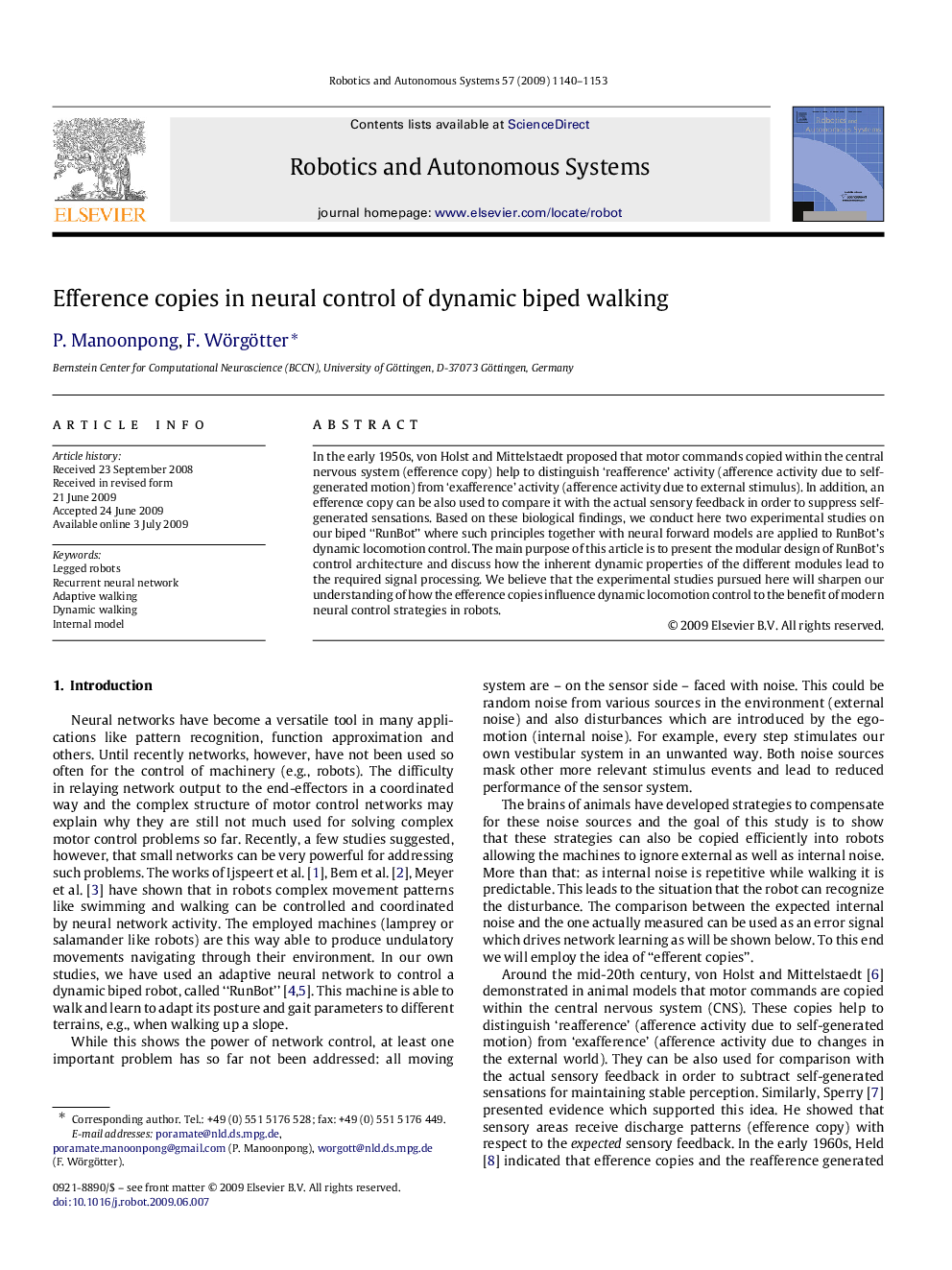 Efference copies in neural control of dynamic biped walking