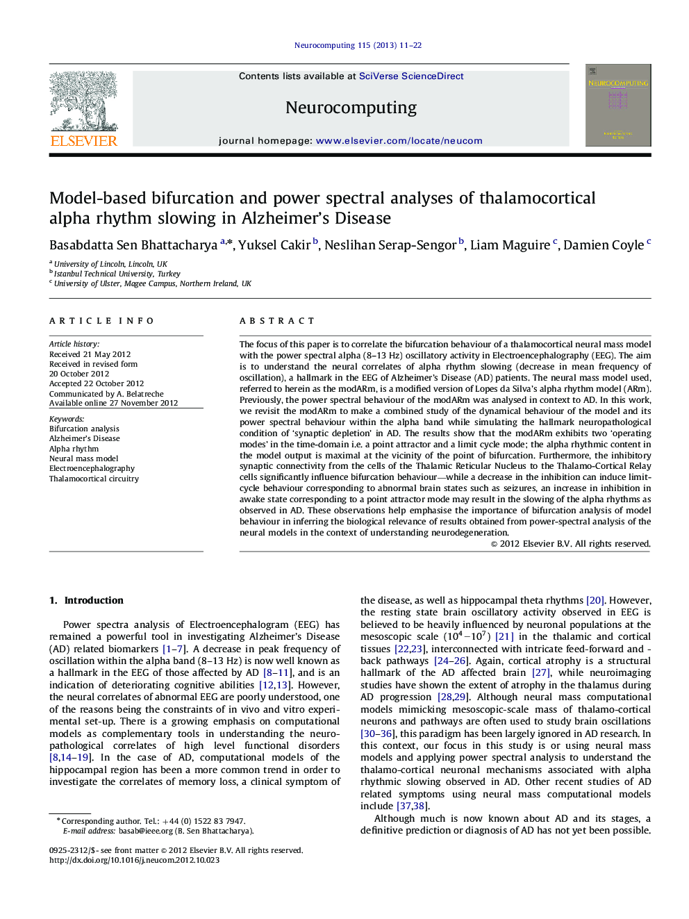 Model-based bifurcation and power spectral analyses of thalamocortical alpha rhythm slowing in Alzheimer's Disease