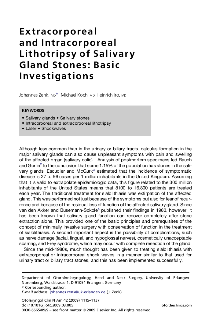 Extracorporeal and Intracorporeal Lithotripsy of Salivary Gland Stones: Basic Investigations