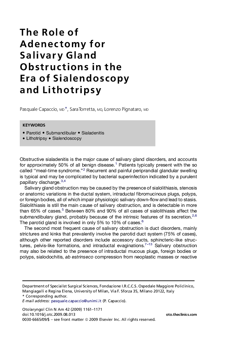 The Role of Adenectomy for Salivary Gland Obstructions in the Era of Sialendoscopy and Lithotripsy