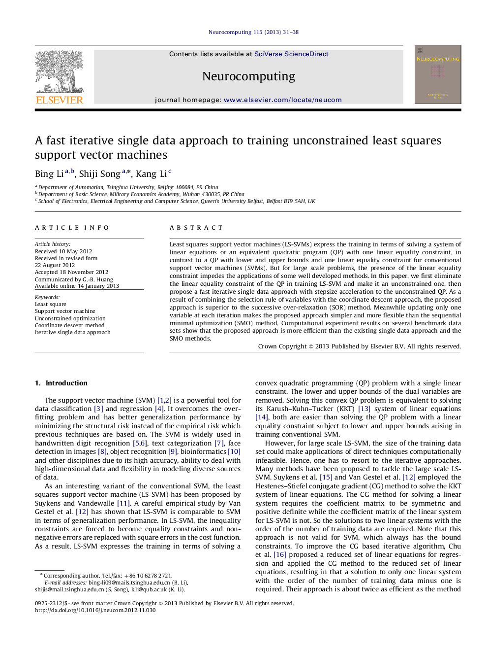 A fast iterative single data approach to training unconstrained least squares support vector machines